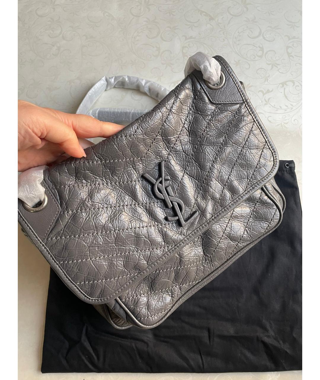 SAINT LAURENT Серая кожаная сумка через плечо, фото 2