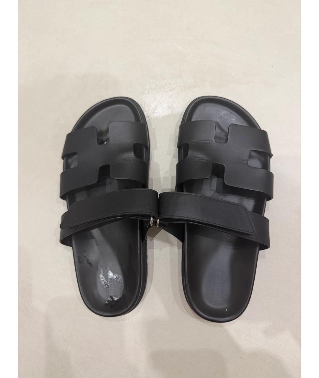 HERMES Черные кожаные шлепанцы, фото 4