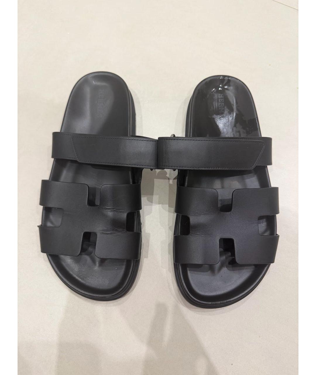 HERMES Черные кожаные шлепанцы, фото 2