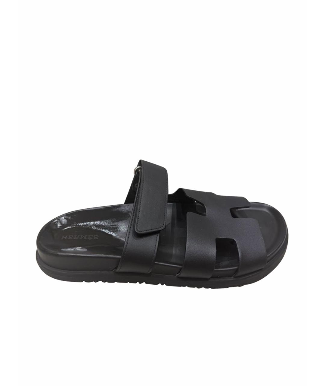 HERMES Черные кожаные шлепанцы, фото 1