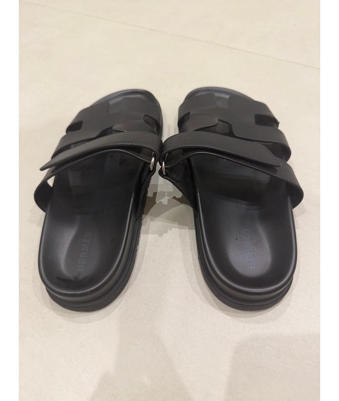 HERMES Черные кожаные шлепанцы, фото 3