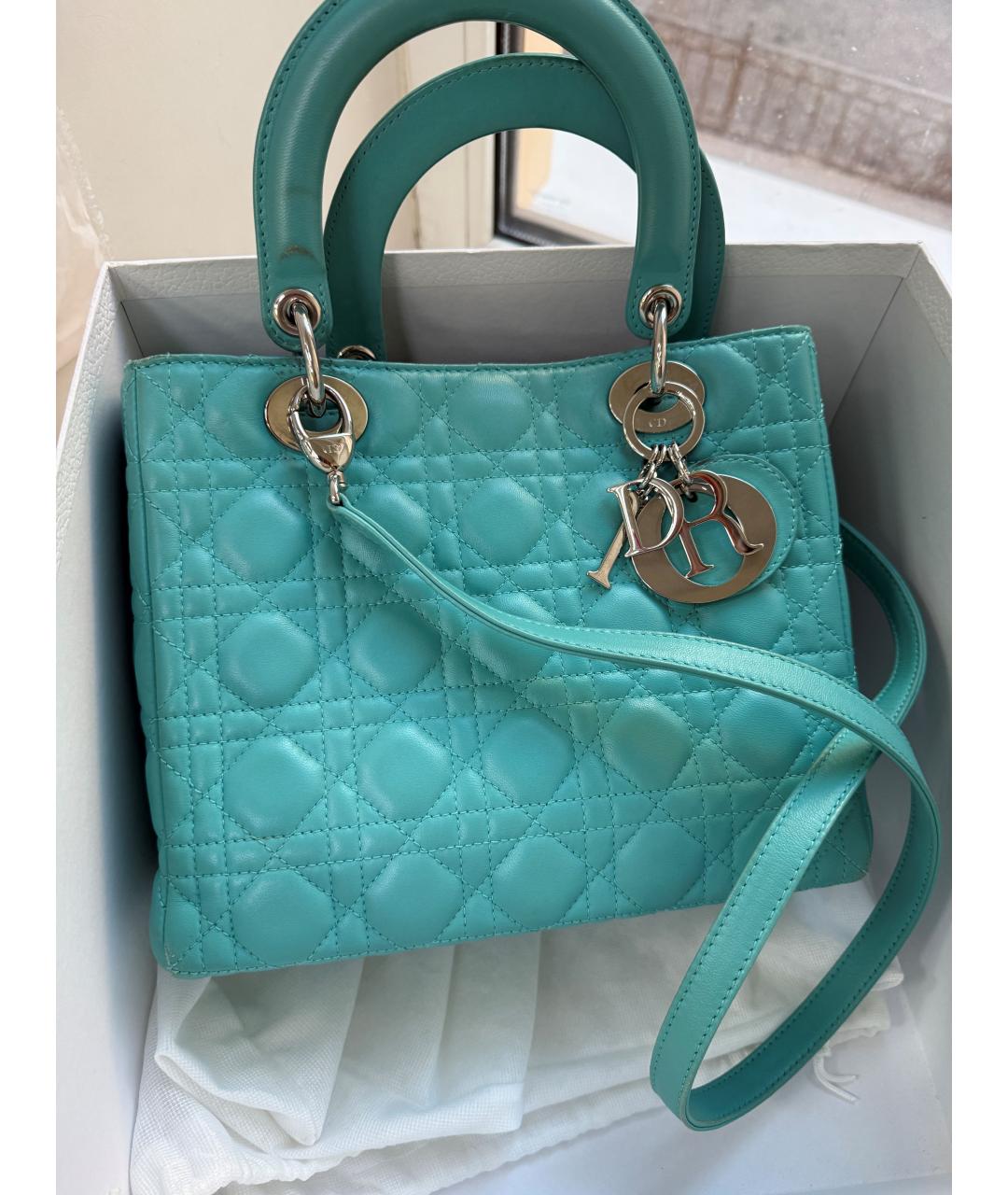 CHRISTIAN DIOR Бирюзовая кожаная сумка с короткими ручками, фото 4