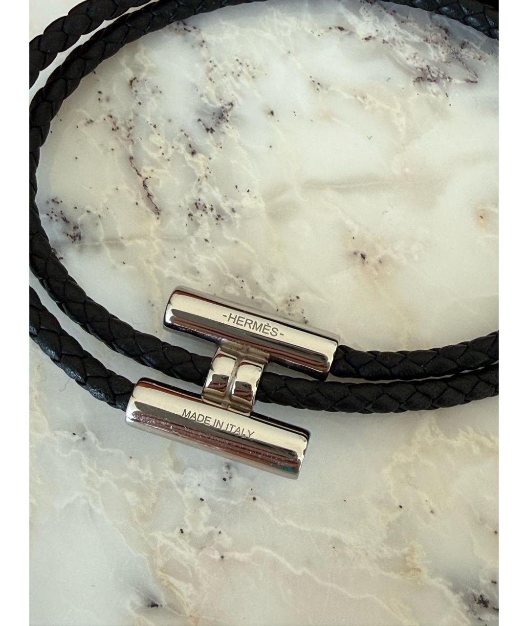 HERMES Черный кожаный браслет, фото 4