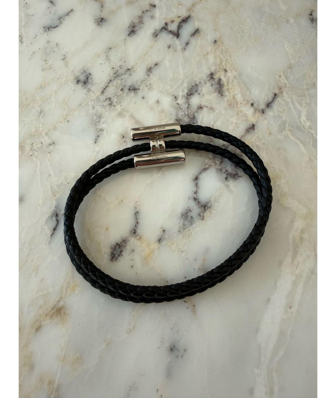 HERMES Черный кожаный браслет, фото 3