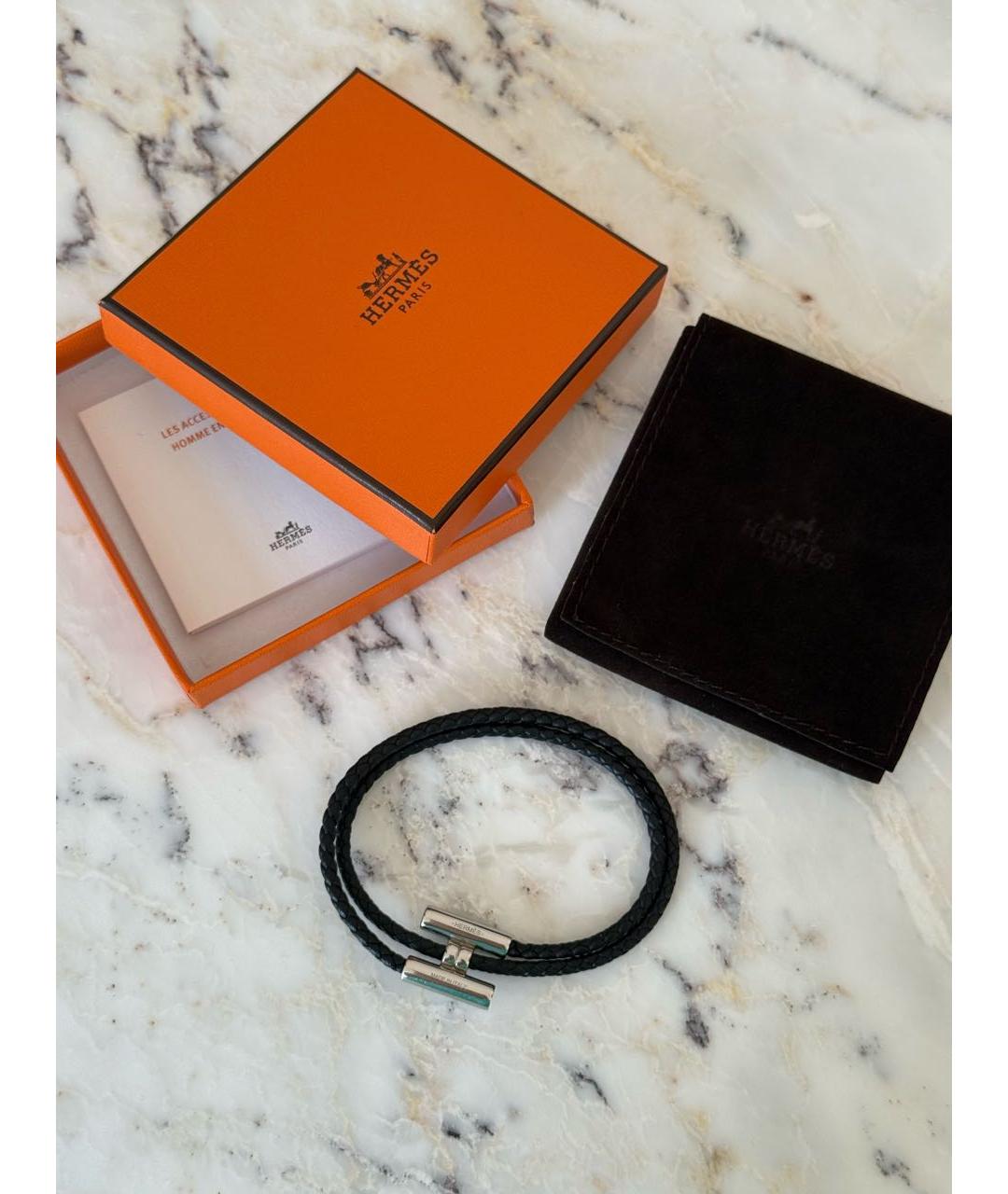 HERMES Черный кожаный браслет, фото 2