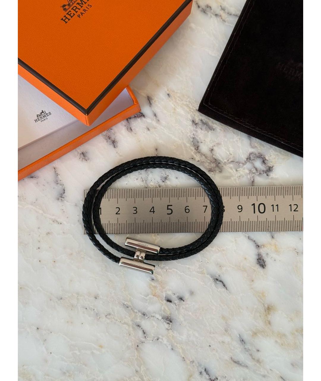 HERMES Черный кожаный браслет, фото 6