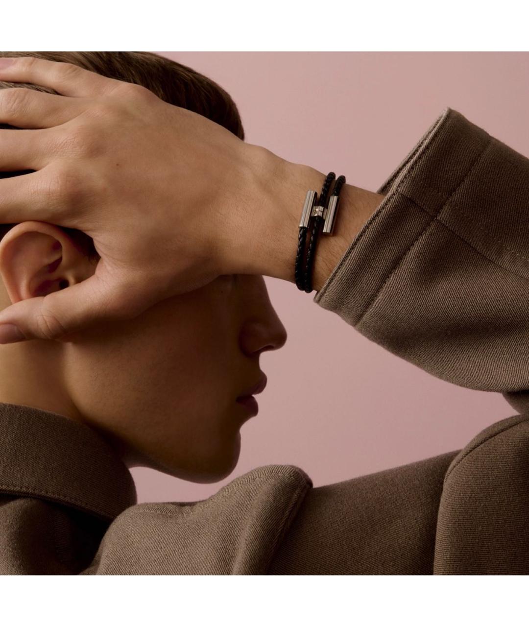 HERMES Черный кожаный браслет, фото 5