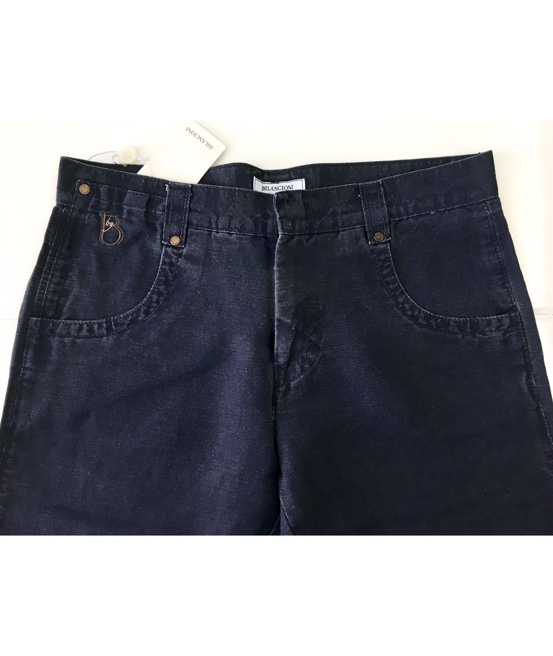 BILANCIONI Темно-синие хлопко-леновые прямые джинсы, фото 6