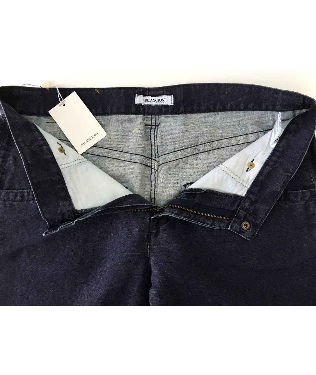 BILANCIONI Темно-синие хлопко-леновые прямые джинсы, фото 3