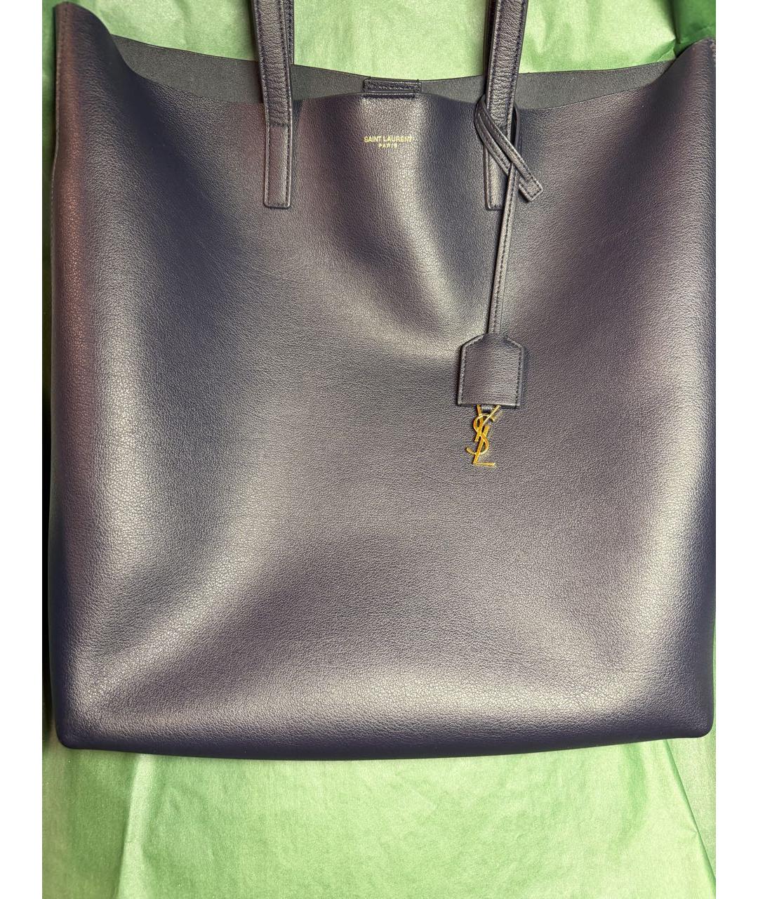 SAINT LAURENT Темно-синяя кожаная сумка тоут, фото 7