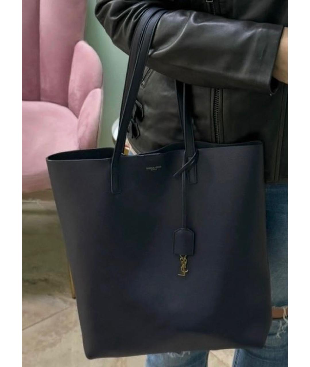 SAINT LAURENT Темно-синяя кожаная сумка тоут, фото 3