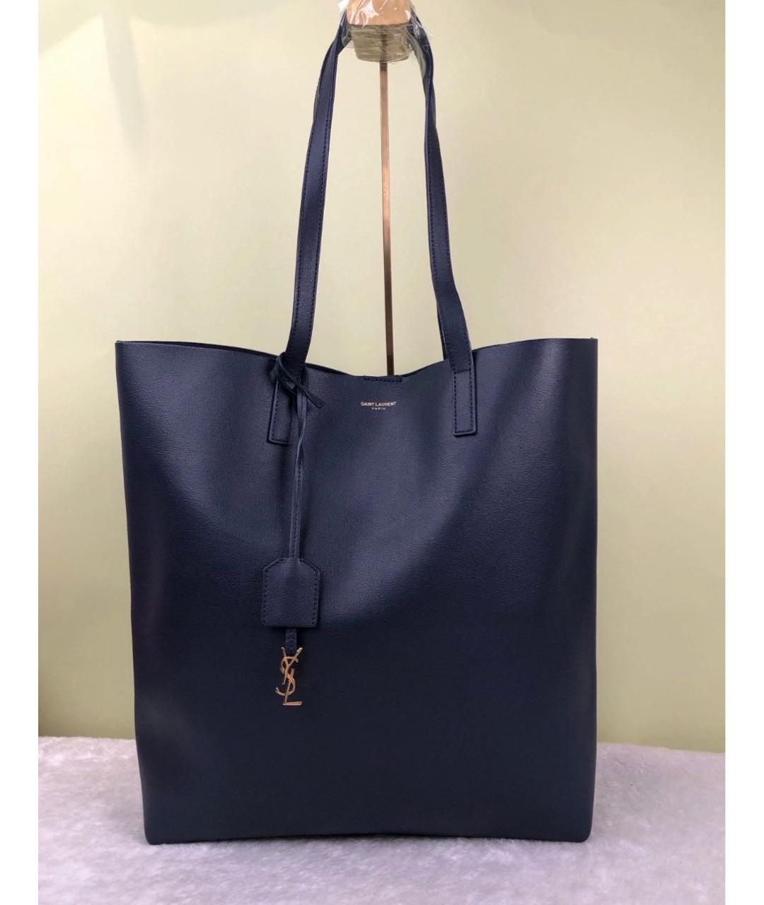 SAINT LAURENT Темно-синяя кожаная сумка тоут, фото 2