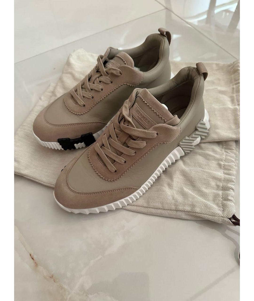 HERMES Бежевые кожаные кроссовки, фото 2