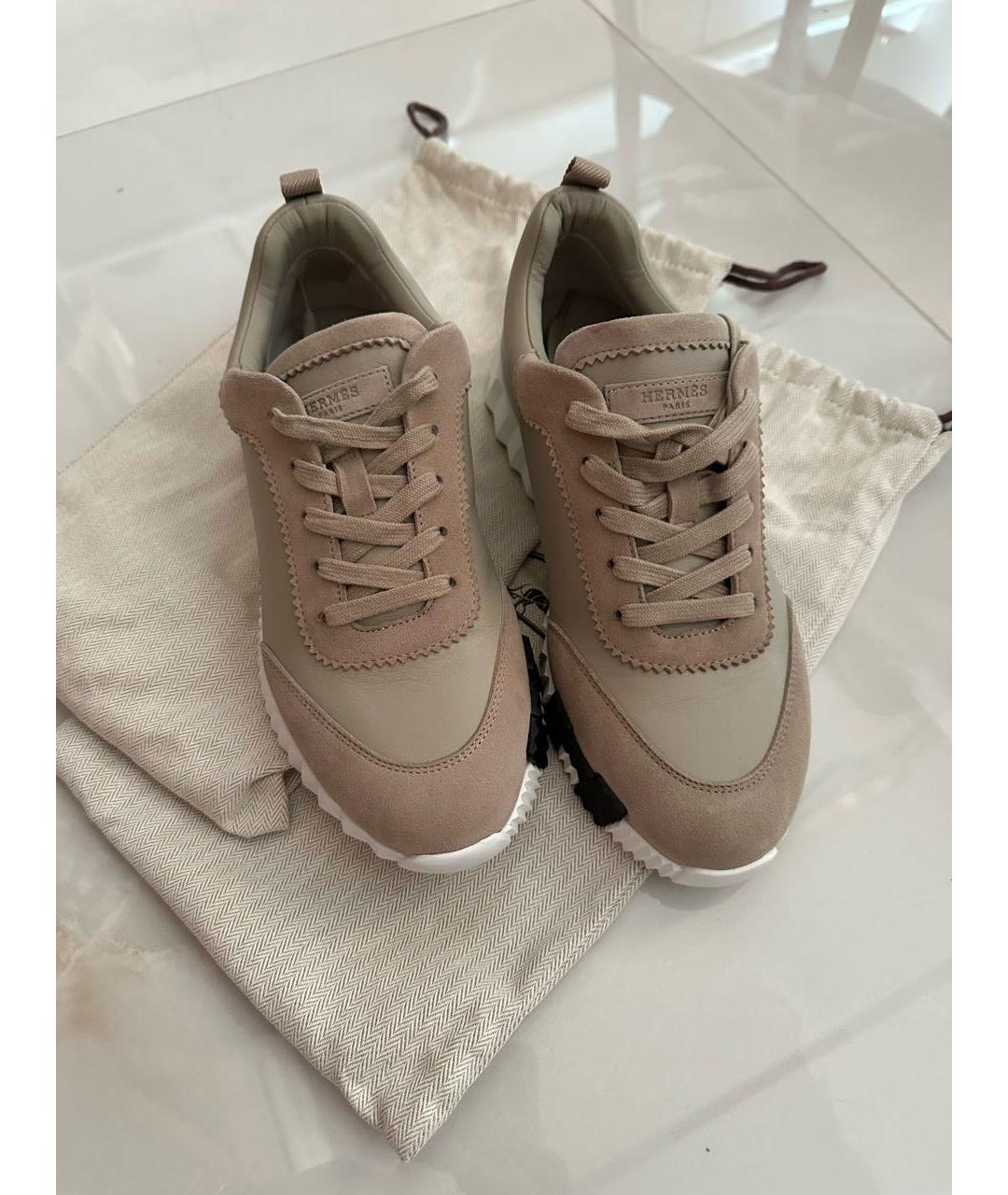 HERMES Бежевые кожаные кроссовки, фото 3