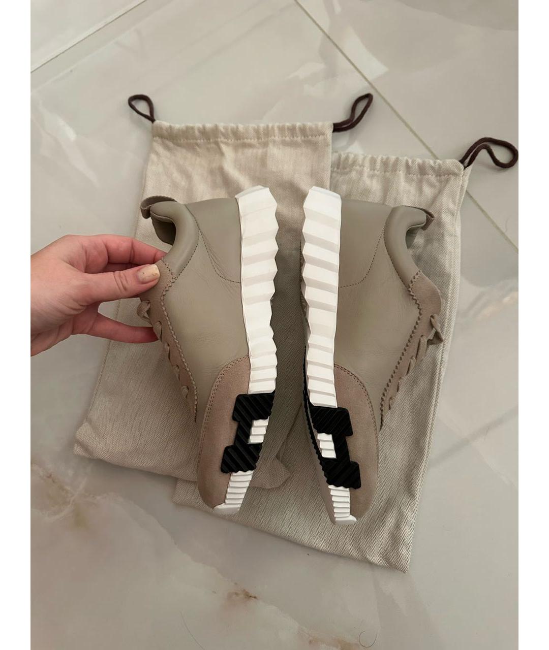 HERMES Бежевые кожаные кроссовки, фото 6