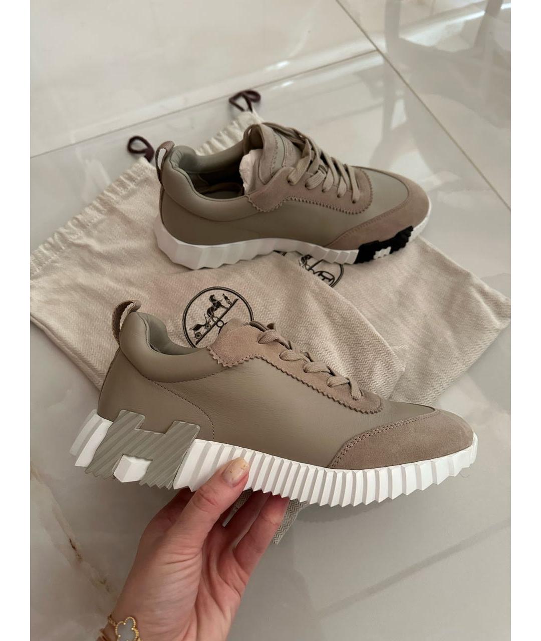 HERMES Бежевые кожаные кроссовки, фото 8