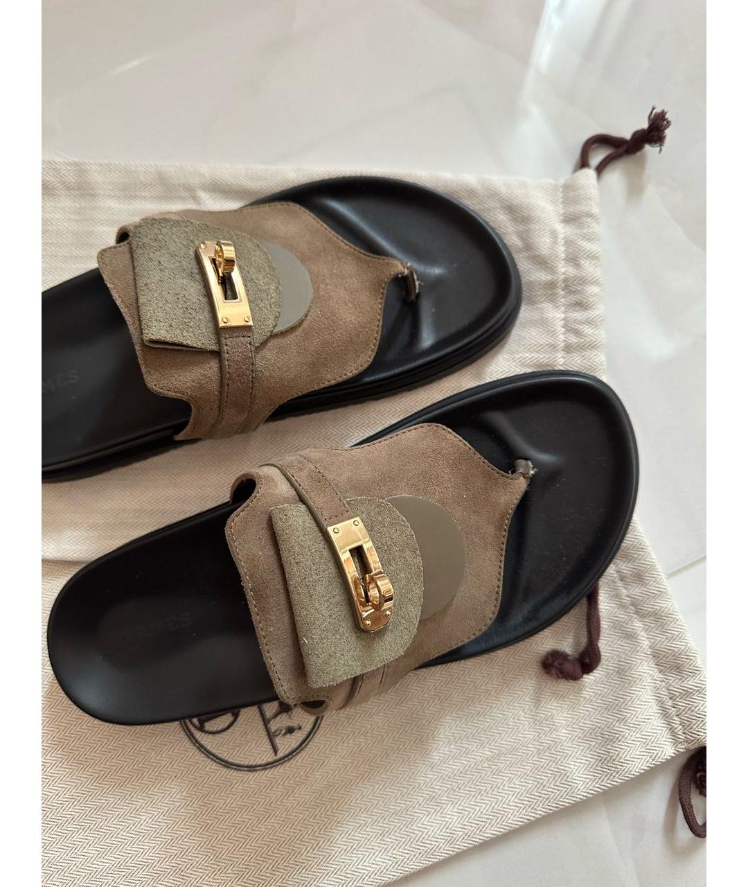 HERMES Хаки замшевые шлепанцы, фото 3