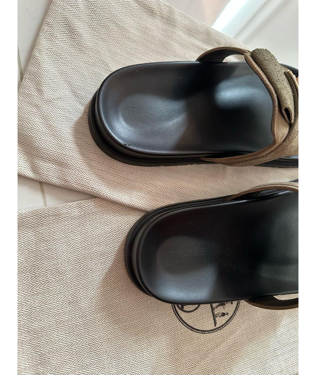 HERMES Хаки замшевые шлепанцы, фото 4