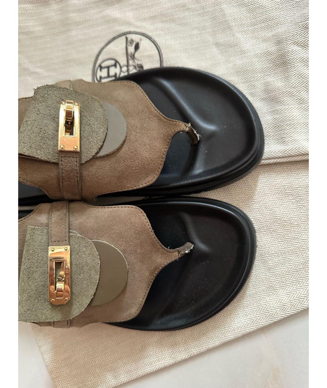 HERMES Хаки замшевые шлепанцы, фото 7