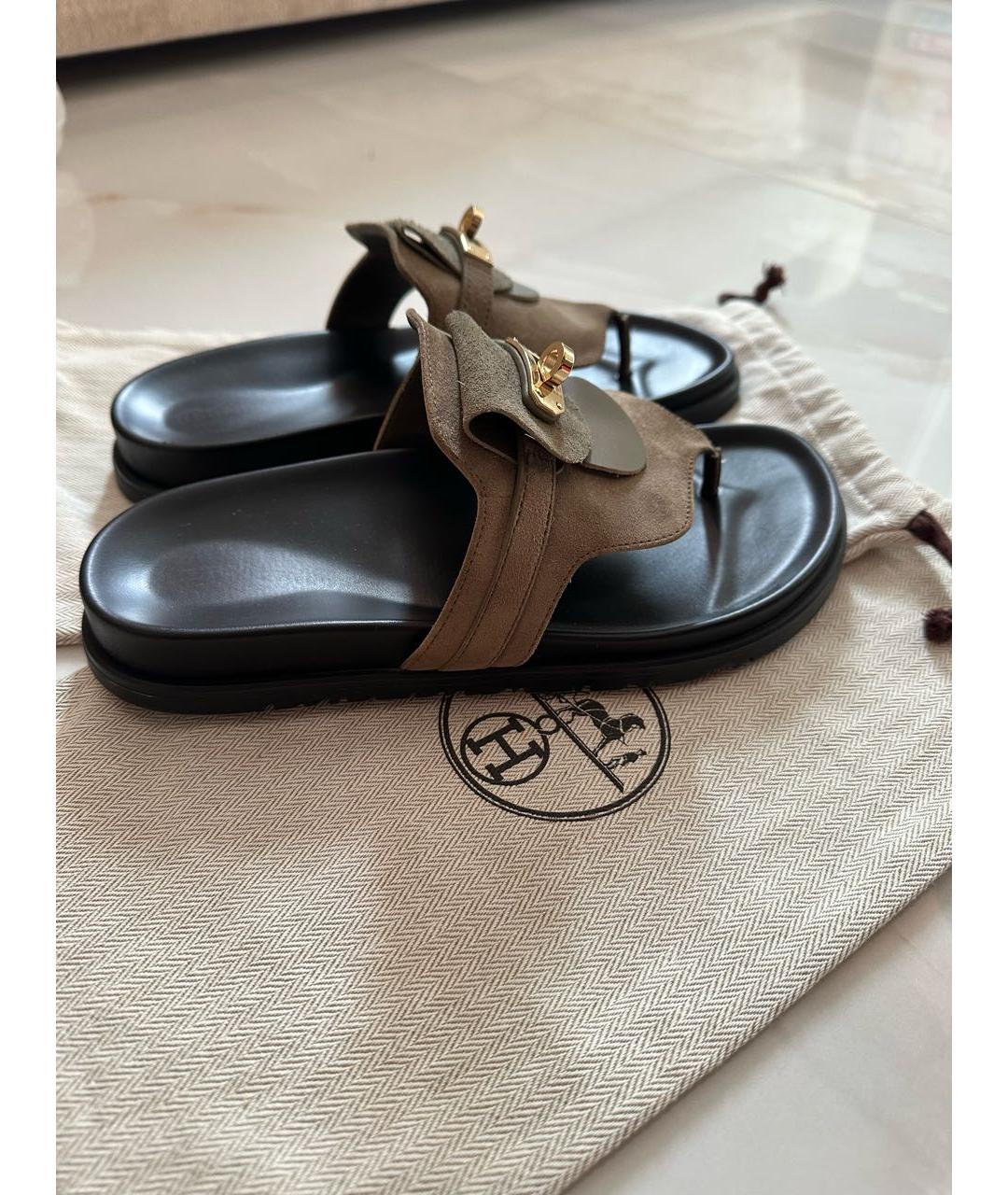 HERMES Хаки замшевые шлепанцы, фото 9