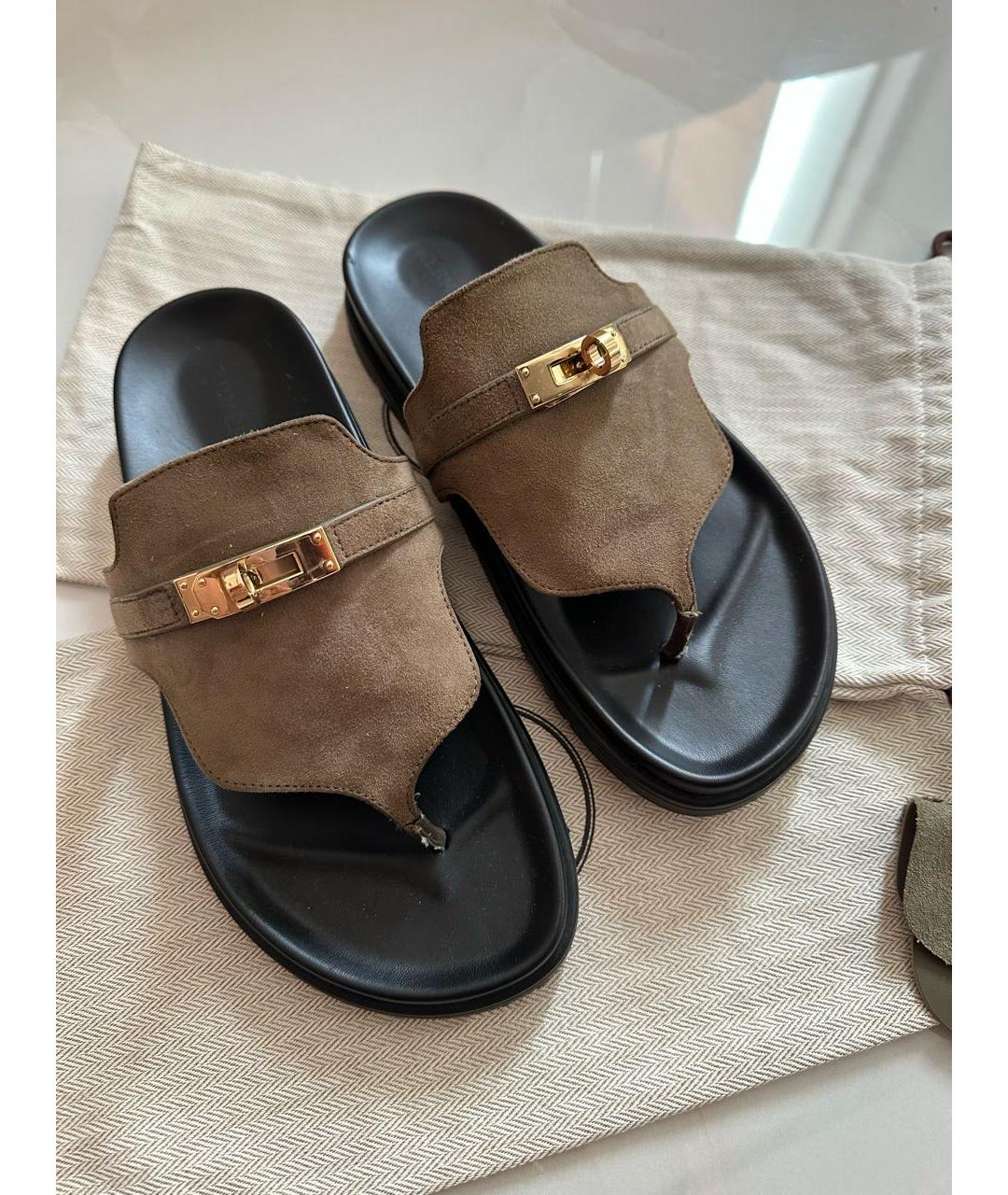 HERMES Хаки замшевые шлепанцы, фото 2