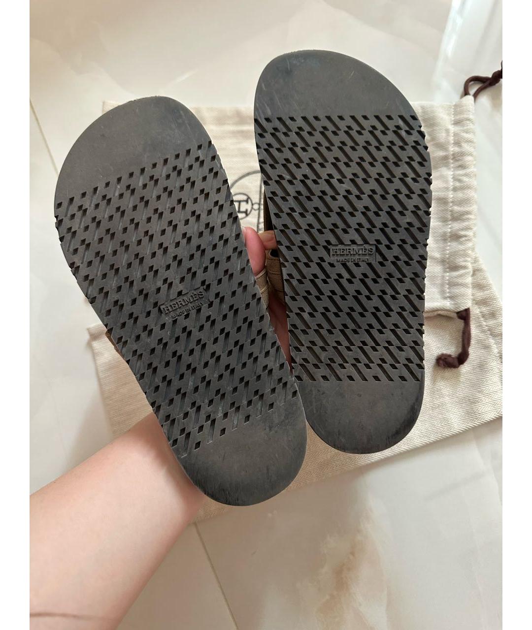 HERMES Хаки замшевые шлепанцы, фото 6