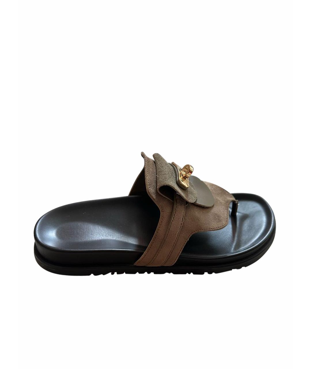 HERMES Хаки замшевые шлепанцы, фото 1