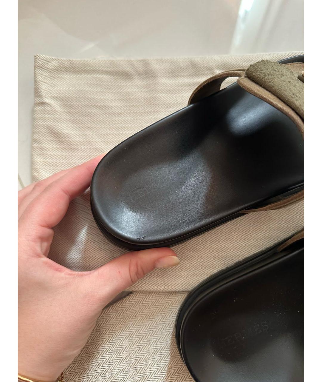 HERMES Хаки замшевые шлепанцы, фото 5