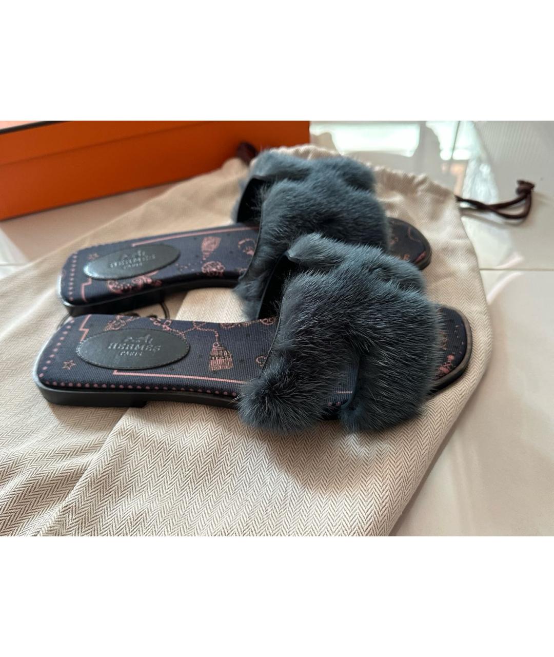 HERMES Темно-синие шлепанцы, фото 7