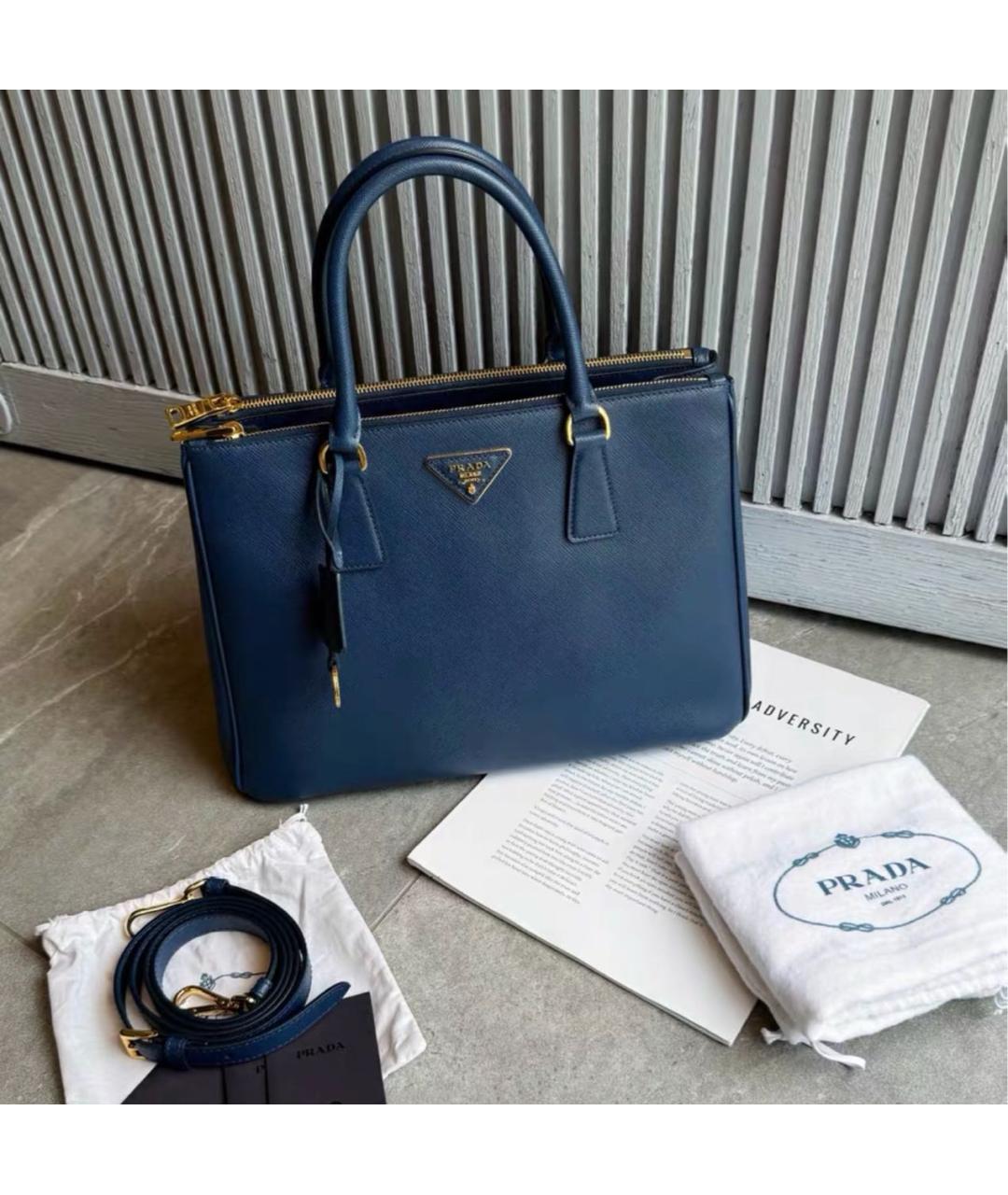 PRADA Темно-синяя кожаная сумка тоут, фото 7