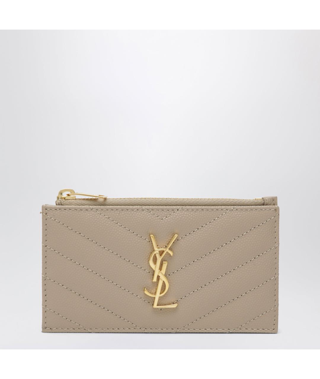 SAINT LAURENT Бежевый кожаный кардхолдер, фото 3