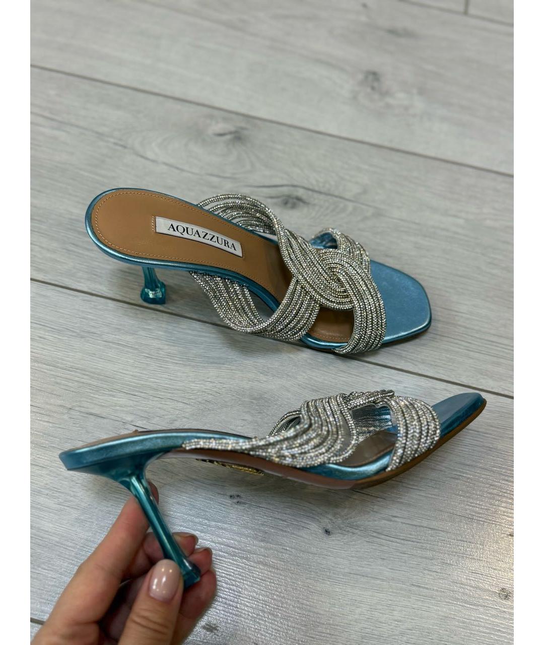 AQUAZZURA Голубые кожаные мюли, фото 9