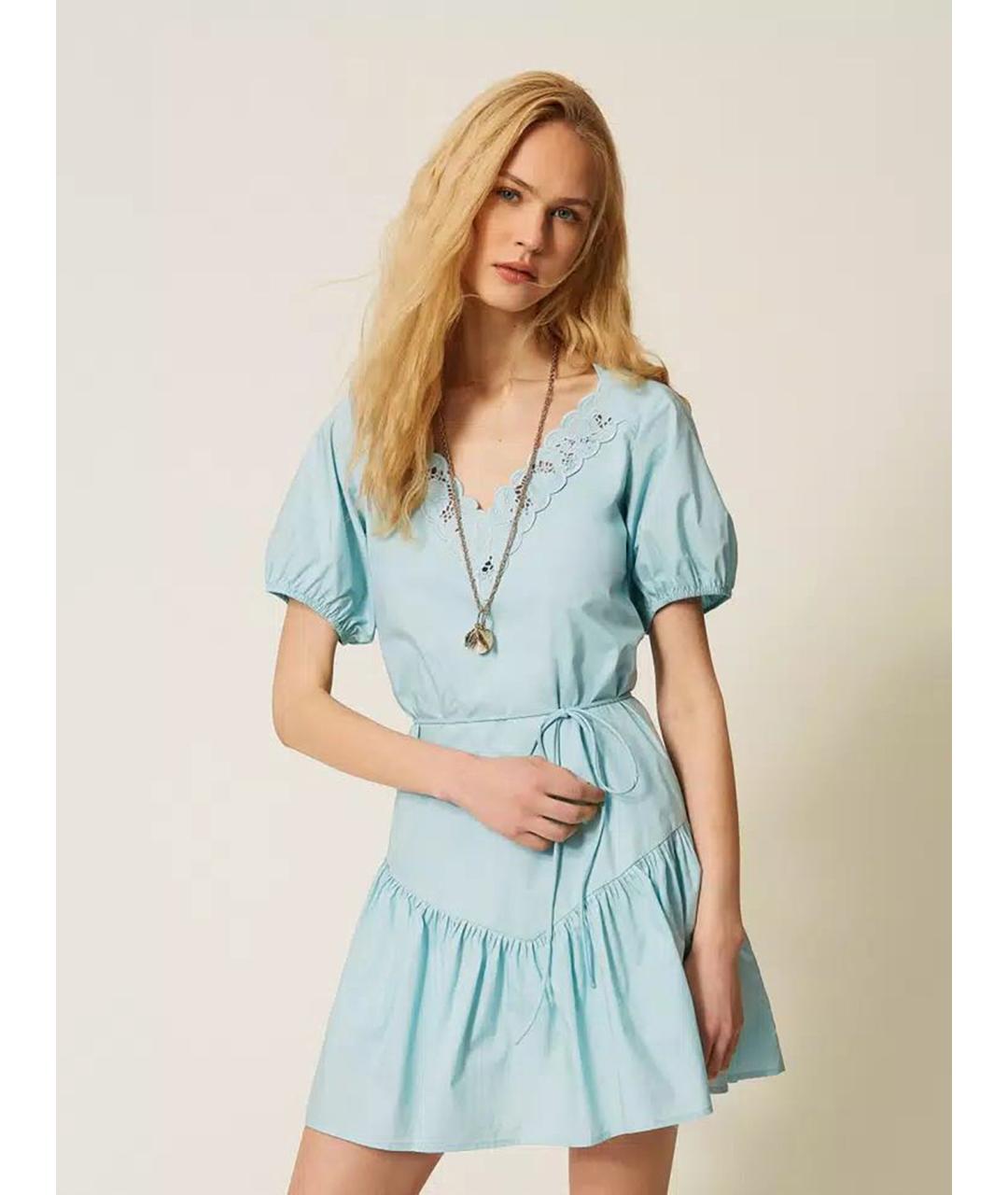 TWIN-SET Голубое хлопковое повседневное платье, фото 2