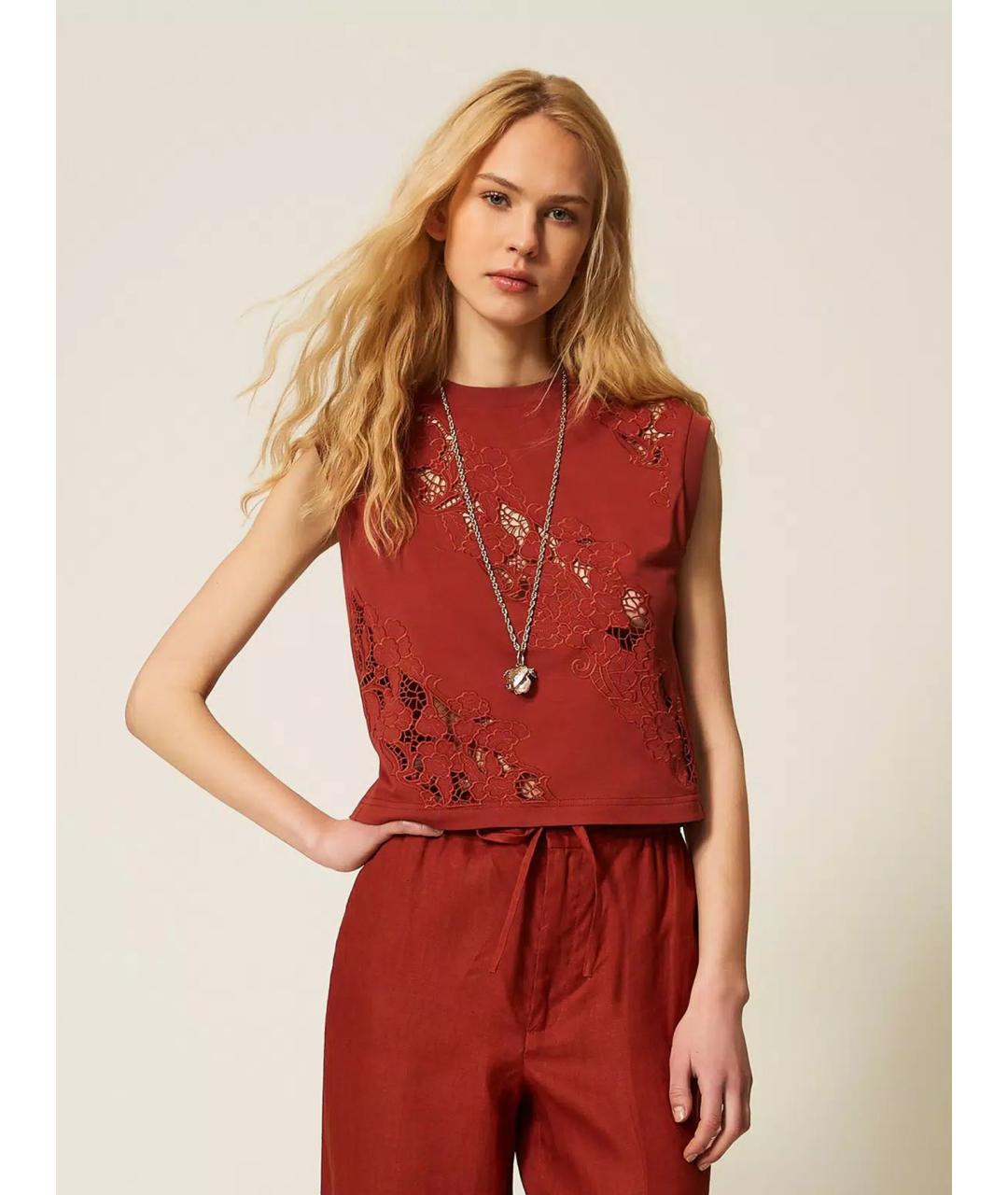 TWIN-SET Бордовая хлопковая майка, фото 3