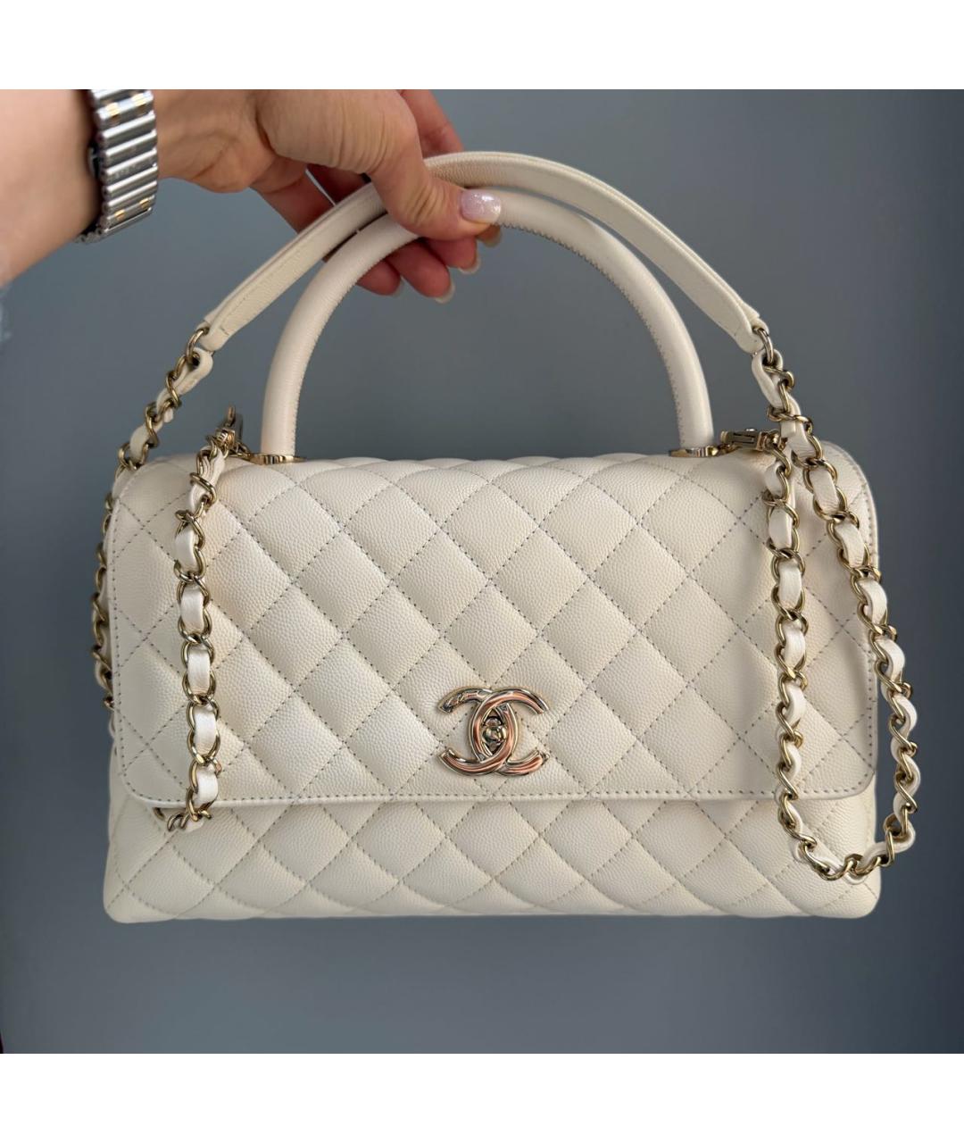 CHANEL Белая кожаная сумка с короткими ручками, фото 8