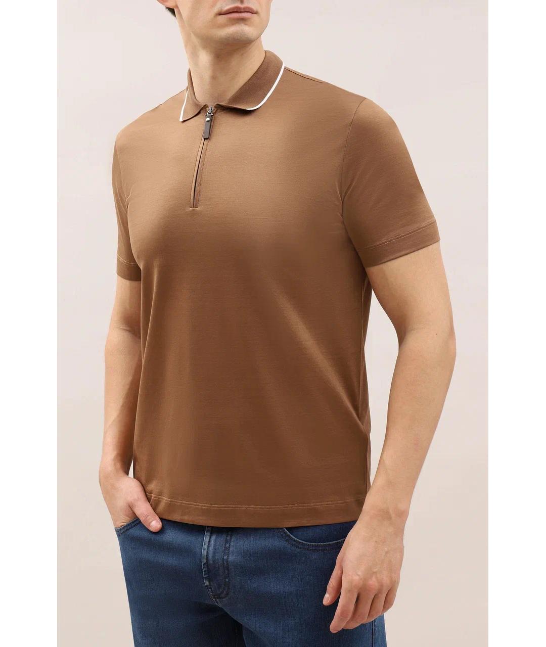 CANALI Коричневое хлопковое поло с коротким рукавом, фото 3