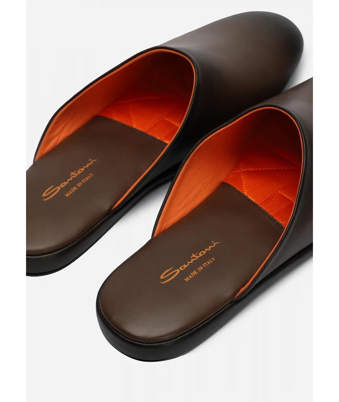 SANTONI Коричневые кожаные шлепанцы, фото 4