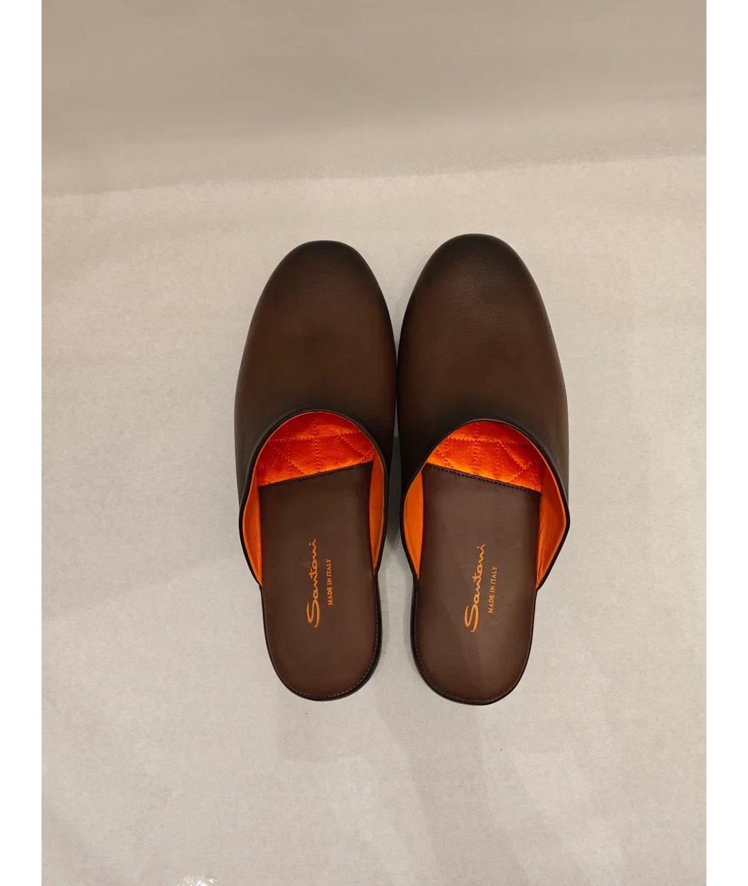 SANTONI Коричневые кожаные шлепанцы, фото 7