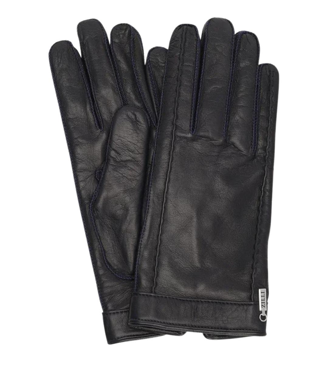ZILLI Темно-синие кожаные перчатки, фото 1
