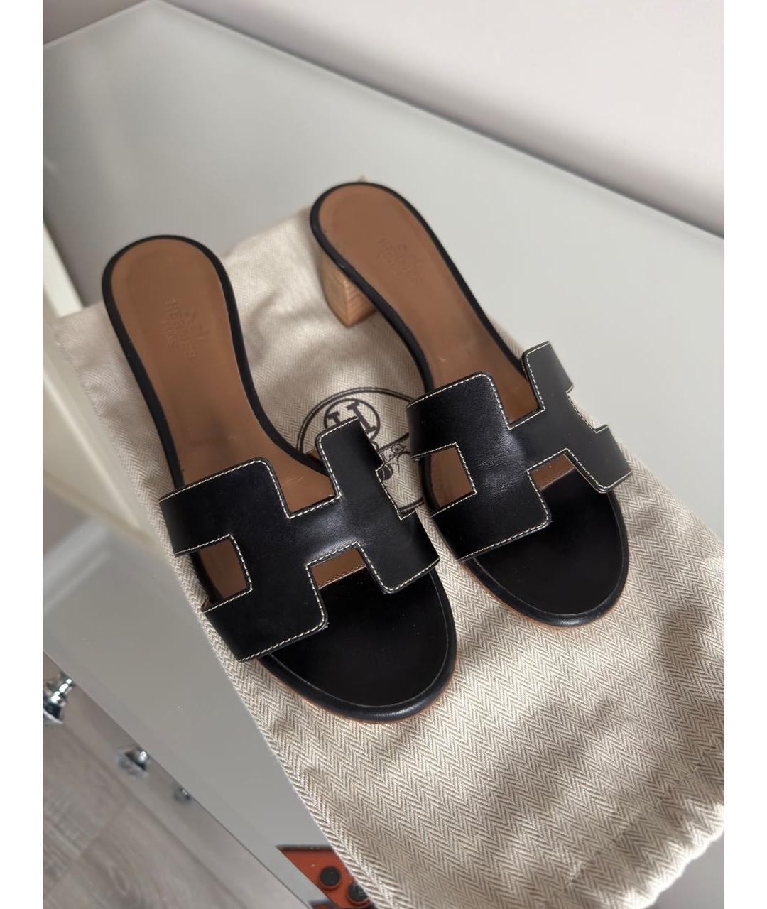 HERMES Черные кожаные мюли, фото 2