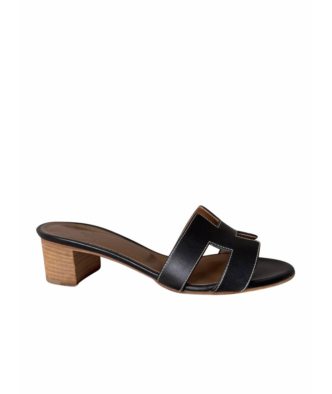 HERMES Черные кожаные мюли, фото 1