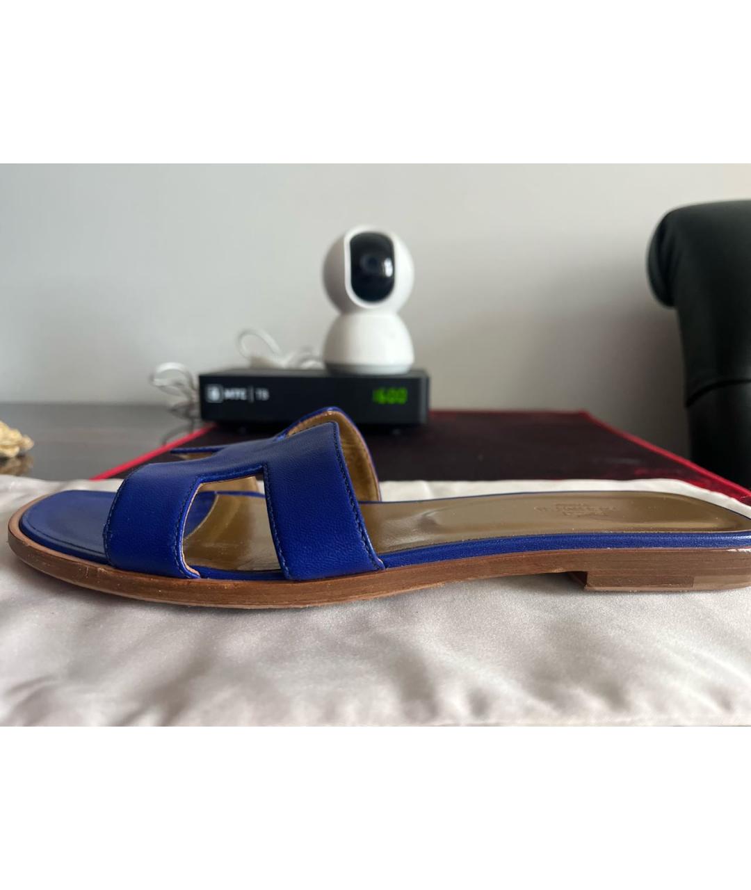 HERMES Синие кожаные шлепанцы, фото 2