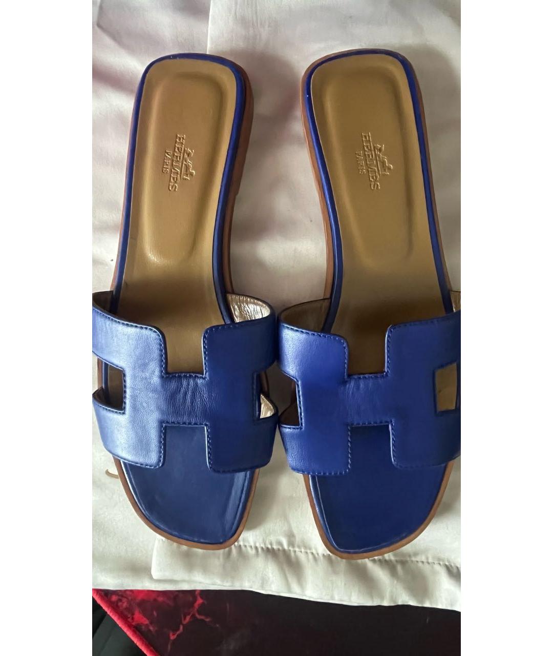 HERMES Синие кожаные шлепанцы, фото 3