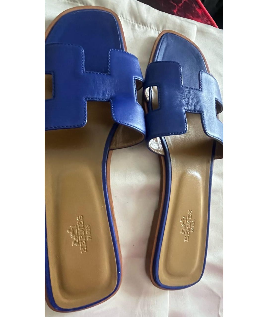 HERMES Синие кожаные шлепанцы, фото 4