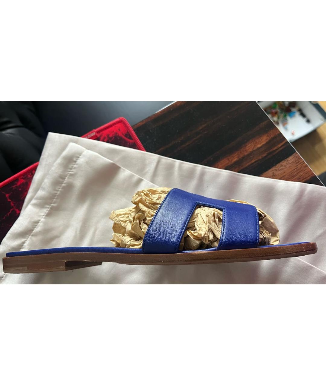 HERMES Синие кожаные шлепанцы, фото 9