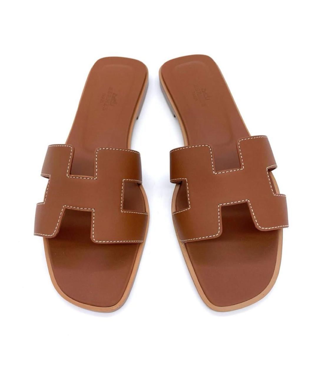 HERMES Оранжевое кожаные шлепанцы, фото 6