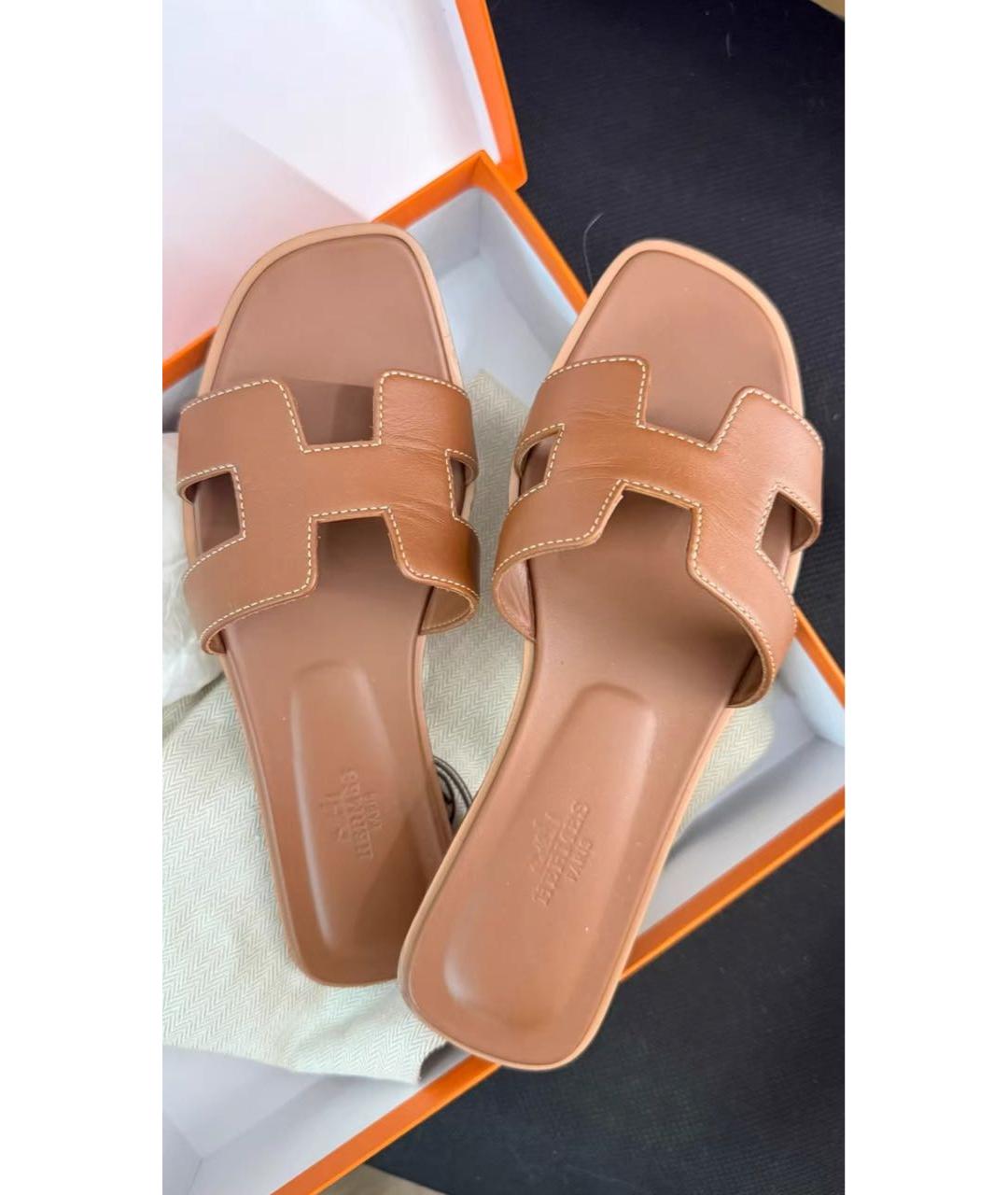 HERMES Оранжевое кожаные шлепанцы, фото 2