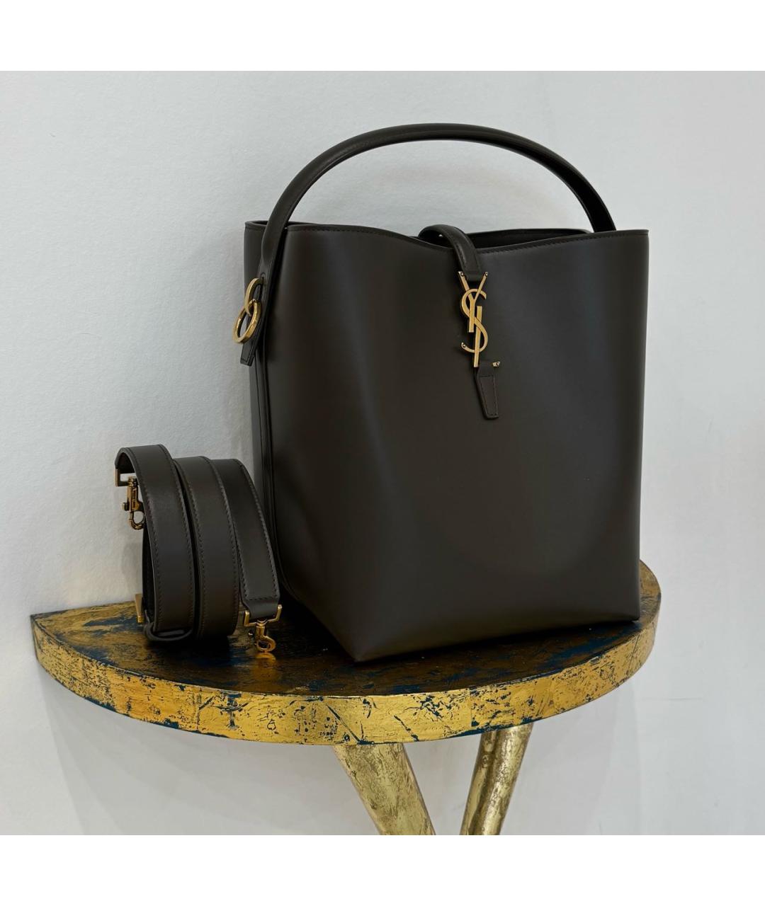 SAINT LAURENT Коричневая кожаная сумка с короткими ручками, фото 6