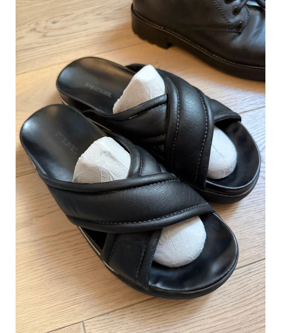 DIESEL Черные кожаные шлепанцы, фото 5