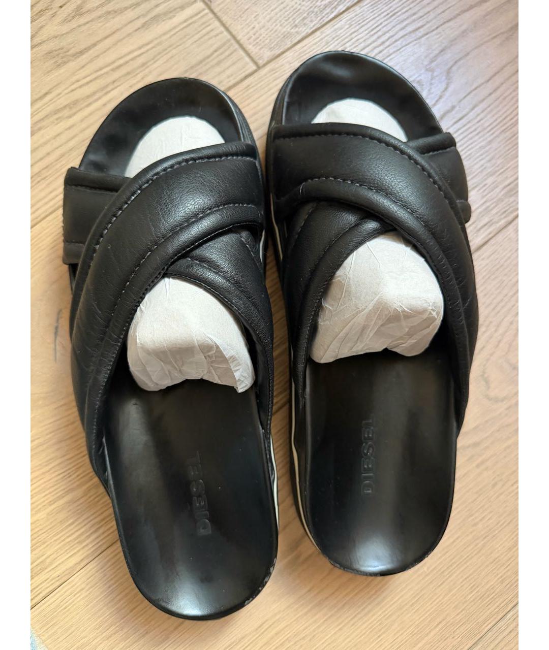 DIESEL Черные кожаные шлепанцы, фото 3